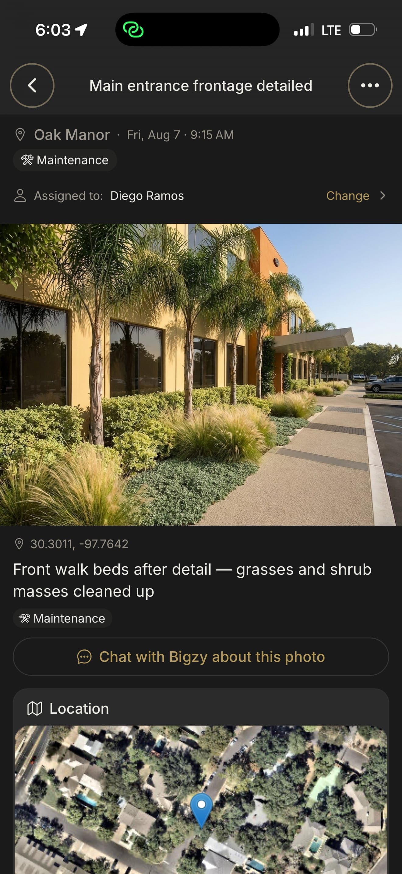 FieldSnap capturing a landscape property photo from the crew app