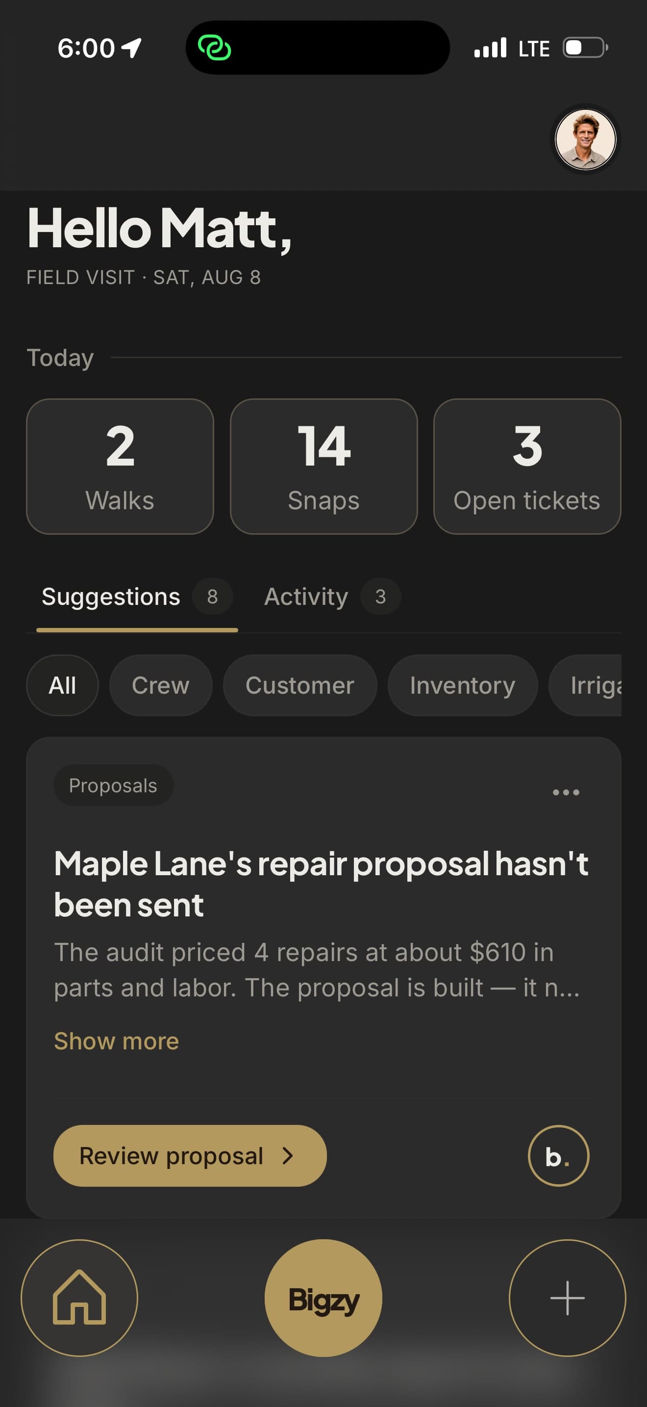 Bigzy landscape management dashboard showing the morning briefing