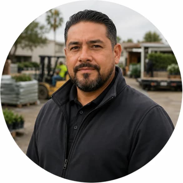 A production manager at the loading dock, trucks staged